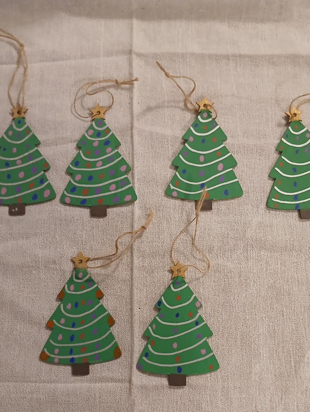 Hand-Painted Green Wooden Christmas Tree Ornaments - Set of 6